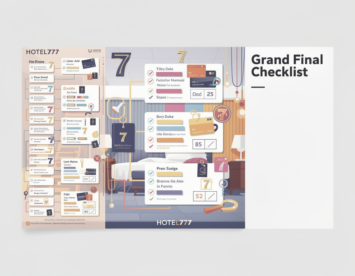 Ilustrasi grand final checklist HOTEL777 dengan bracket, room match, dan bukti skor
