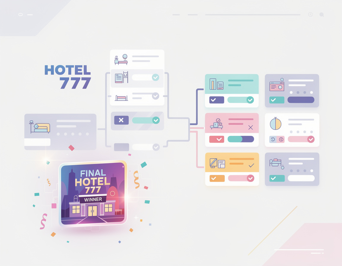 Ilustrasi recap final dan highlight pemenang HOTEL777 dengan bracket, room match, dan bukti skor